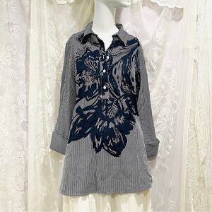 Chico's Navy and White Striped Button Shirt Blouse